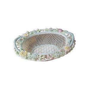 Belleek Basketware Oval Basket White Lattice Green Handles Pastel Flowers READ